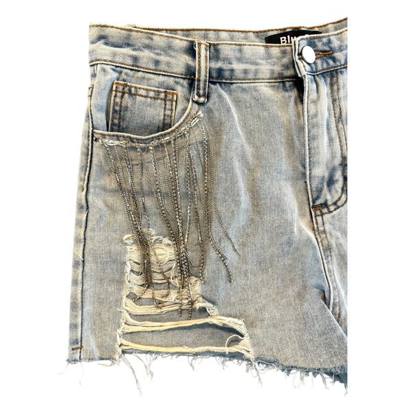 Blue B Rhinestone Fringe Distressed Denim Jean Shorts Women’s Size Large - Picture 3 of 10